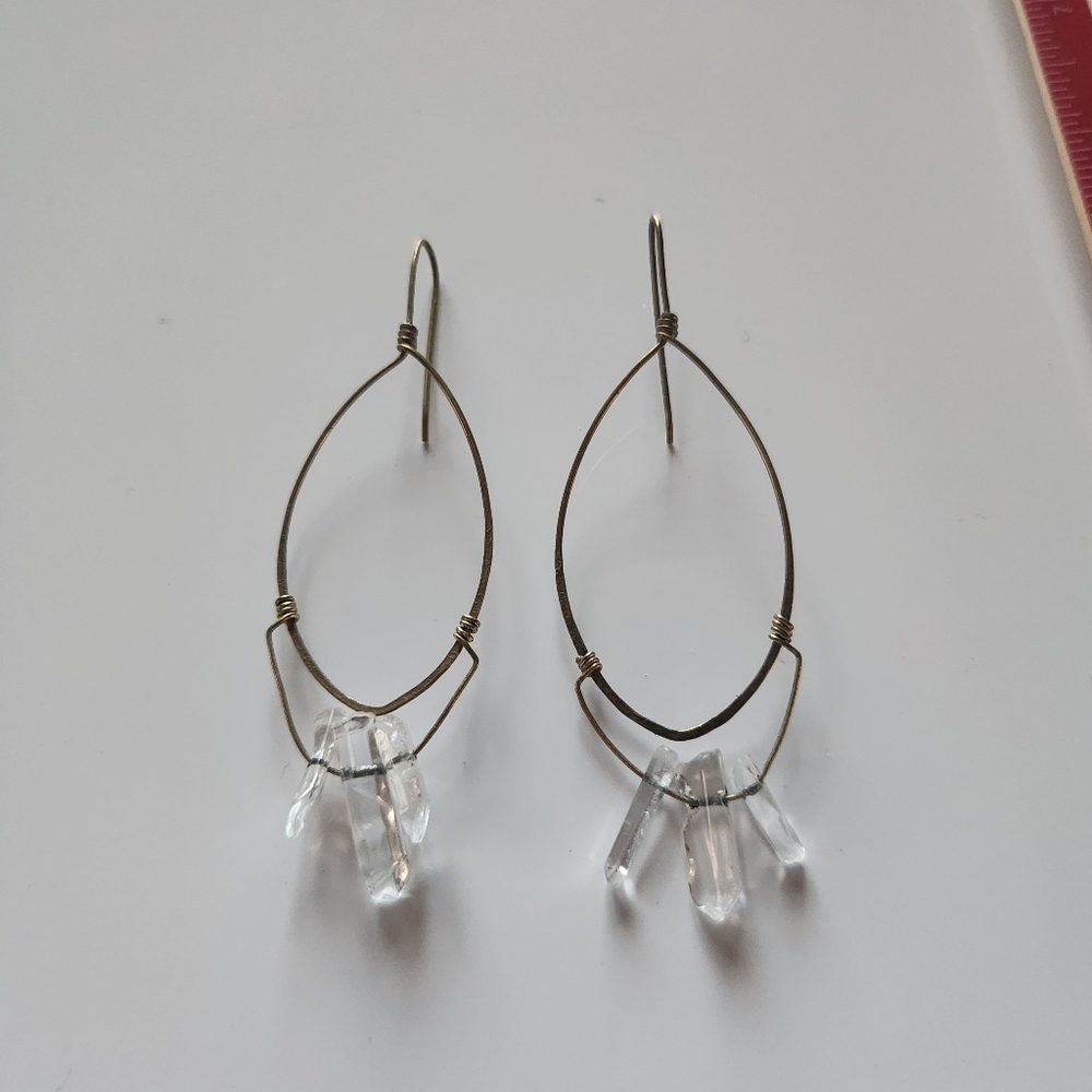 Clear Quartz Crystal Drop Hoop Earrings Brass Wire Frame.